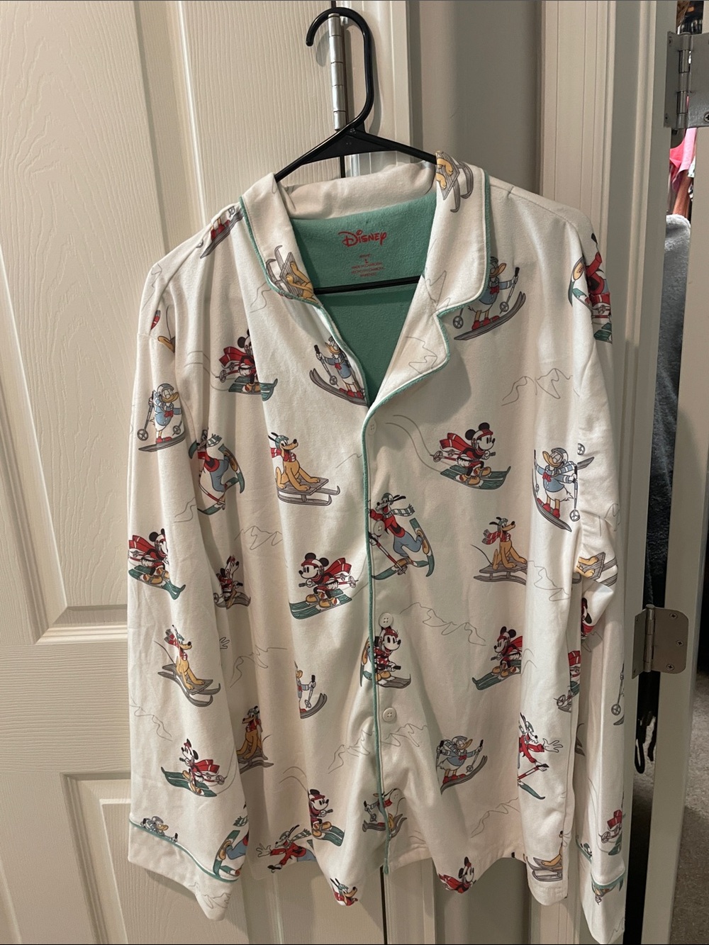 Disney White Pajama Shirt with Mint Trim and Multi-Character Christmas flannel